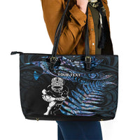 New Zealand Maori Rugby Personalised Leather Tote Bag Ta Moko Silver Fern - Paua Blue LT7 - Polynesian Pride
