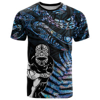 New Zealand Maori Rugby Personalised T Shirt Ta Moko Silver Fern - Paua Blue LT7 Blue - Polynesian Pride