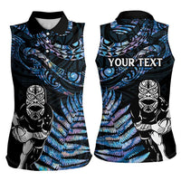 New Zealand Maori Rugby Personalised Women Sleeveless Polo Shirt Ta Moko Silver Fern - Paua Blue