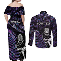 New Zealand Maori Rugby Personalised Couples Matching Off Shoulder Maxi Dress and Long Sleeve Button Shirt Ta Moko Silver Fern - Paua Purple LT7 - Polynesian Pride