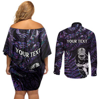 New Zealand Maori Rugby Personalised Couples Matching Off Shoulder Short Dress and Long Sleeve Button Shirt Ta Moko Silver Fern - Paua Purple LT7 - Polynesian Pride