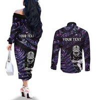 New Zealand Maori Rugby Personalised Couples Matching Off The Shoulder Long Sleeve Dress and Long Sleeve Button Shirt Ta Moko Silver Fern - Paua Purple LT7 - Polynesian Pride