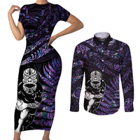 New Zealand Maori Rugby Personalised Couples Matching Short Sleeve Bodycon Dress and Long Sleeve Button Shirt Ta Moko Silver Fern - Paua Purple LT7 Purple - Polynesian Pride
