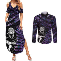 New Zealand Maori Rugby Personalised Couples Matching Summer Maxi Dress and Long Sleeve Button Shirt Ta Moko Silver Fern - Paua Purple LT7 Purple - Polynesian Pride