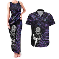 New Zealand Maori Rugby Personalised Couples Matching Tank Maxi Dress and Hawaiian Shirt Ta Moko Silver Fern - Paua Purple LT7 Purple - Polynesian Pride