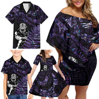 New Zealand Maori Rugby Personalised Family Matching Off Shoulder Short Dress and Hawaiian Shirt Ta Moko Silver Fern - Paua Purple LT7 - Polynesian Pride