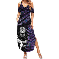 New Zealand Maori Rugby Personalised Family Matching Summer Maxi Dress and Hawaiian Shirt Ta Moko Silver Fern - Paua Purple LT7 Mom's Dress Purple - Polynesian Pride