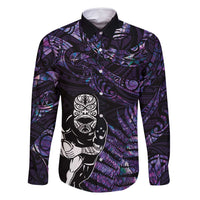 New Zealand Maori Rugby Personalised Family Matching Tank Maxi Dress and Hawaiian Shirt Ta Moko Silver Fern - Paua Purple LT7 Dad's Shirt - Long Sleeve Purple - Polynesian Pride