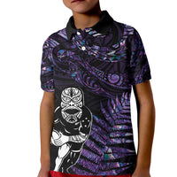 New Zealand Maori Rugby Personalised Kid Polo Shirt Ta Moko Silver Fern - Paua Purple LT7 Kid Purple - Polynesian Pride