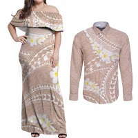 Polynesian Vintage Floral Couples Matching Off Shoulder Maxi Dress and Long Sleeve Button Shirt Beige Motifs LT7 Beige - Polynesian Pride