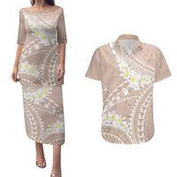 Polynesian Vintage Floral Couples Matching Puletasi and Hawaiian Shirt Beige Motifs LT7 Beige - Polynesian Pride
