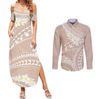 Polynesian Vintage Floral Couples Matching Summer Maxi Dress and Long Sleeve Button Shirt Beige Motifs LT7 Beige - Polynesian Pride