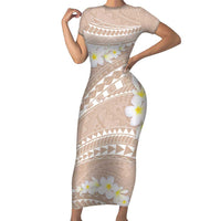 Polynesian Vintage Floral Family Matching Short Sleeve Bodycon Dress and Hawaiian Shirt Beige Motifs LT7 Mom's Dress Beige - Polynesian Pride