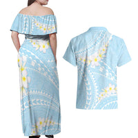 Polynesian Vintage Floral Couples Matching Off Shoulder Maxi Dress and Hawaiian Shirt Azure Motifs LT7 - Polynesian Pride