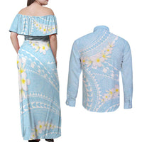 Polynesian Vintage Floral Couples Matching Off Shoulder Maxi Dress and Long Sleeve Button Shirt Azure Motifs LT7 - Polynesian Pride