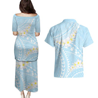 Polynesian Vintage Floral Couples Matching Puletasi and Hawaiian Shirt Azure Motifs LT7 - Polynesian Pride