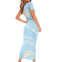 Polynesian Vintage Floral Short Sleeve Bodycon Dress Azure Motifs - Polynesian Pride