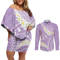 Polynesian Vintage Floral Couples Matching Off Shoulder Short Dress and Long Sleeve Button Shirt Lavender Motifs LT7 Lavender - Polynesian Pride