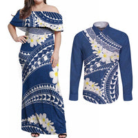 Polynesian Vintage Floral Couples Matching Off Shoulder Maxi Dress and Long Sleeve Button Shirt Navy Blue Motifs LT7 Navy Blue - Polynesian Pride