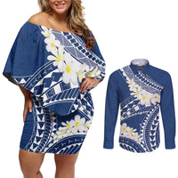 Polynesian Vintage Floral Couples Matching Off Shoulder Short Dress and Long Sleeve Button Shirt Navy Blue Motifs LT7 Navy Blue - Polynesian Pride