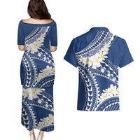 Polynesian Vintage Floral Couples Matching Puletasi and Hawaiian Shirt Navy Blue Motifs LT7 - Polynesian Pride