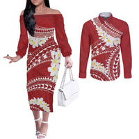 Polynesian Vintage Floral Couples Matching Off The Shoulder Long Sleeve Dress and Long Sleeve Button Shirt Scarlet Motifs LT7 Scarlet - Polynesian Pride