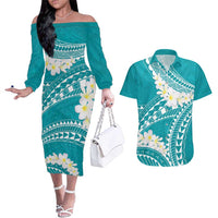 Polynesian Vintage Floral Couples Matching Off The Shoulder Long Sleeve Dress and Hawaiian Shirt Teal Motifs - Polynesian Pride