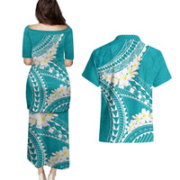 Polynesian Vintage Floral Couples Matching Puletasi and Hawaiian Shirt Teal Motifs LT7 - Polynesian Pride