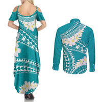Polynesian Vintage Floral Couples Matching Summer Maxi Dress and Long Sleeve Button Shirt Teal Motifs LT7 - Polynesian Pride