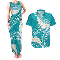 Polynesian Vintage Floral Couples Matching Tank Maxi Dress and Hawaiian Shirt Teal Motifs LT7 Teal - Polynesian Pride