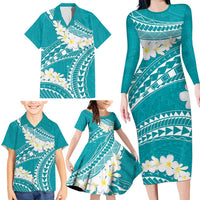Polynesian Vintage Floral Family Matching Long Sleeve Bodycon Dress and Hawaiian Shirt Teal Motifs LT7 - Polynesian Pride