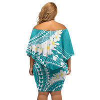 Polynesian Vintage Floral Off Shoulder Short Dress Teal Motifs - Polynesian Pride
