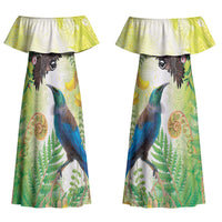 New Zealand Maori Mahuru Couples Matching Off Shoulder Maxi Dress and Hawaiian Shirt Tui With Pikawakawa Spring Colors LT7 - Polynesian Pride