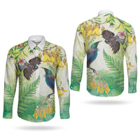 New Zealand Maori Mahuru Couples Matching Off Shoulder Maxi Dress and Long Sleeve Button Shirt Tui With Pikawakawa Spring Colors LT7 - Polynesian Pride