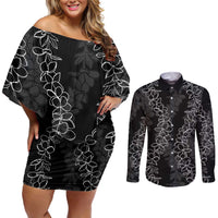 Hawaii Plumeria Lei Couples Matching Off Shoulder Short Dress and Long Sleeve Button Shirt Aloha Festive Vibe