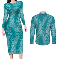 Hawaii Plumeria Lei Couples Matching Long Sleeve Bodycon Dress and Long Sleeve Button Shirt Aloha Festive Vibe - Teal