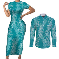 Hawaii Plumeria Lei Couples Matching Short Sleeve Bodycon Dress and Long Sleeve Button Shirt Aloha Festive Vibe - Teal