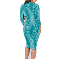 Hawaii Plumeria Lei Family Matching Long Sleeve Bodycon Dress and Hawaiian Shirt Aloha Festive Vibe - Teal