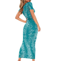 Hawaii Plumeria Lei Short Sleeve Bodycon Dress Aloha Festive Vibe - Teal