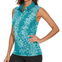 Hawaii Plumeria Lei Women Sleeveless Polo Shirt Aloha Festive Vibe - Teal