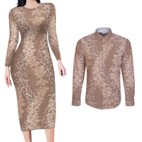 Hawaii Plumeria Lei Couples Matching Long Sleeve Bodycon Dress and Long Sleeve Button Shirt Aloha Festive Vibe - Beige