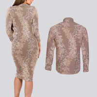 Hawaii Plumeria Lei Couples Matching Long Sleeve Bodycon Dress and Long Sleeve Button Shirt Aloha Festive Vibe - Beige