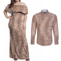 Hawaii Plumeria Lei Couples Matching Off Shoulder Maxi Dress and Long Sleeve Button Shirt Aloha Festive Vibe - Beige