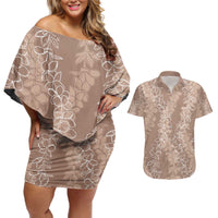 Hawaii Plumeria Lei Couples Matching Off Shoulder Short Dress and Hawaiian Shirt Aloha Festive Vibe - Beige