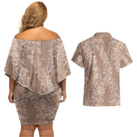 Hawaii Plumeria Lei Couples Matching Off Shoulder Short Dress and Hawaiian Shirt Aloha Festive Vibe - Beige
