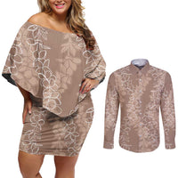 Hawaii Plumeria Lei Couples Matching Off Shoulder Short Dress and Long Sleeve Button Shirt Aloha Festive Vibe - Beige