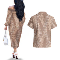 Hawaii Plumeria Lei Couples Matching Off The Shoulder Long Sleeve Dress and Hawaiian Shirt Aloha Festive Vibe - Beige