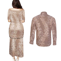 Hawaii Plumeria Lei Couples Matching Puletasi and Long Sleeve Button Shirt Aloha Festive Vibe - Beige