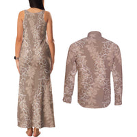 Hawaii Plumeria Lei Couples Matching Tank Maxi Dress and Long Sleeve Button Shirt Aloha Festive Vibe - Beige