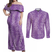 Hawaii Plumeria Lei Couples Matching Off Shoulder Maxi Dress and Long Sleeve Button Shirt Aloha Festive Vibe - Violet